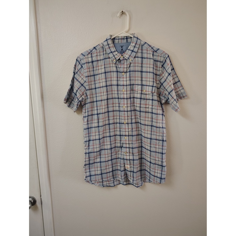 IZOD Seaside Poplin Mens Large Blue Plaid Short Sleeve‎ Button Down Shirt